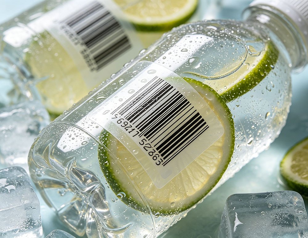 Etiqueta de código de barras transparente para botellas